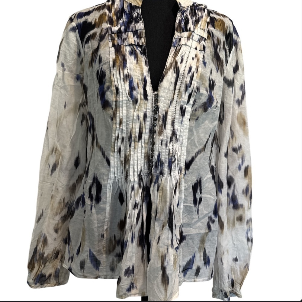 Elie Tahari tan/navy abstract print silk-blend v-neck blouse size large